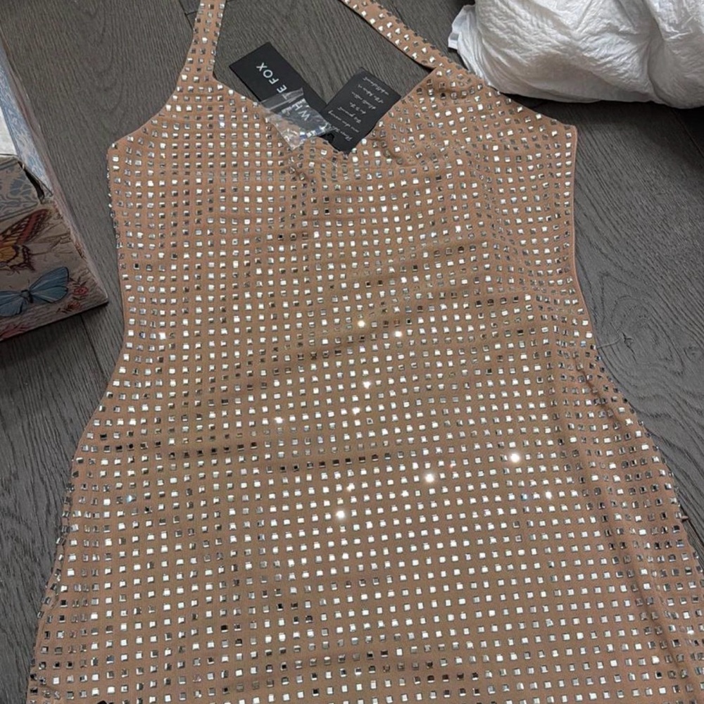 White Fox Tan Rhinestone Embellished Dress